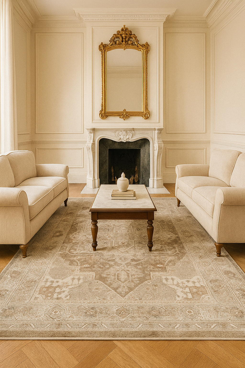 Alfombra Clásica Beige/Gris con Medallón – Estilo Vintage/Desgastado | Tapis Oriental Beige/Gris à Médaillon – Effet Vieilli | Vintage Medallion Rug Beige/Grey – Distressed Look