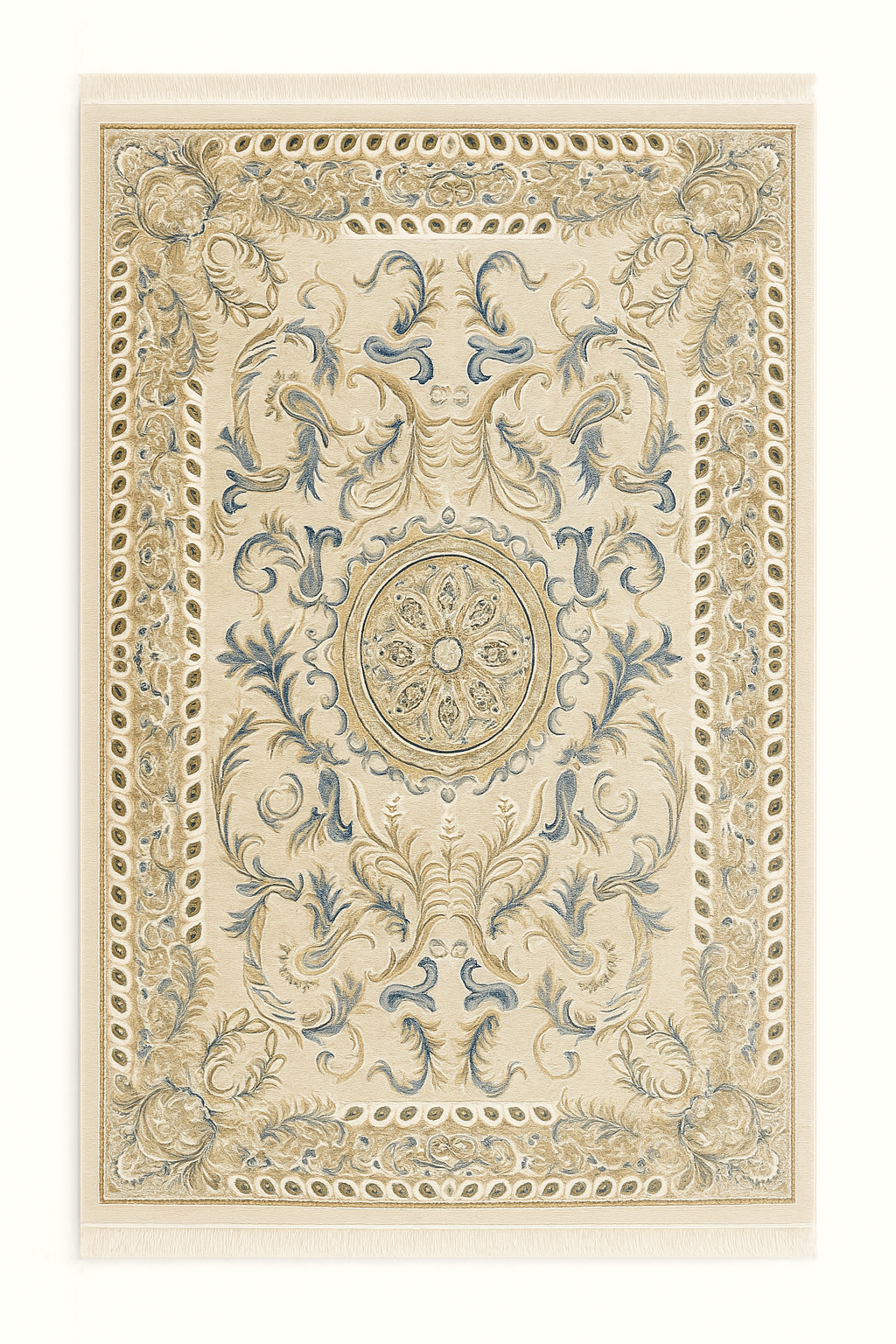Alfombra Clásica Beige/Azul con Rosetón en Relieve – Tapis Classique Beige/Bleu à Médaillon Sculpté