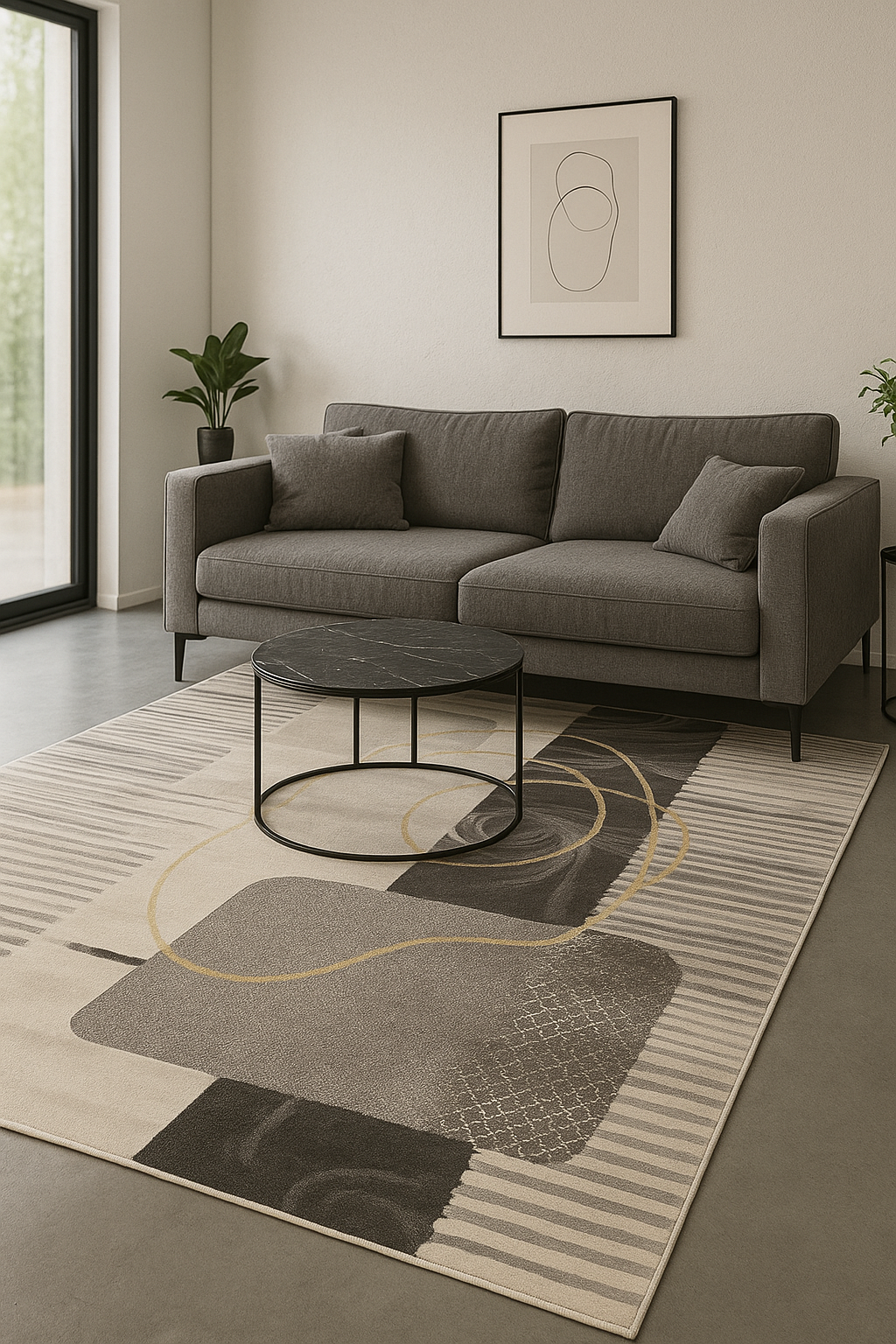 Alfombra Abstracta Gris & Dorado – Moderna Minimalista — Tapis Abstrait Gris & Doré – Moderne Minimaliste