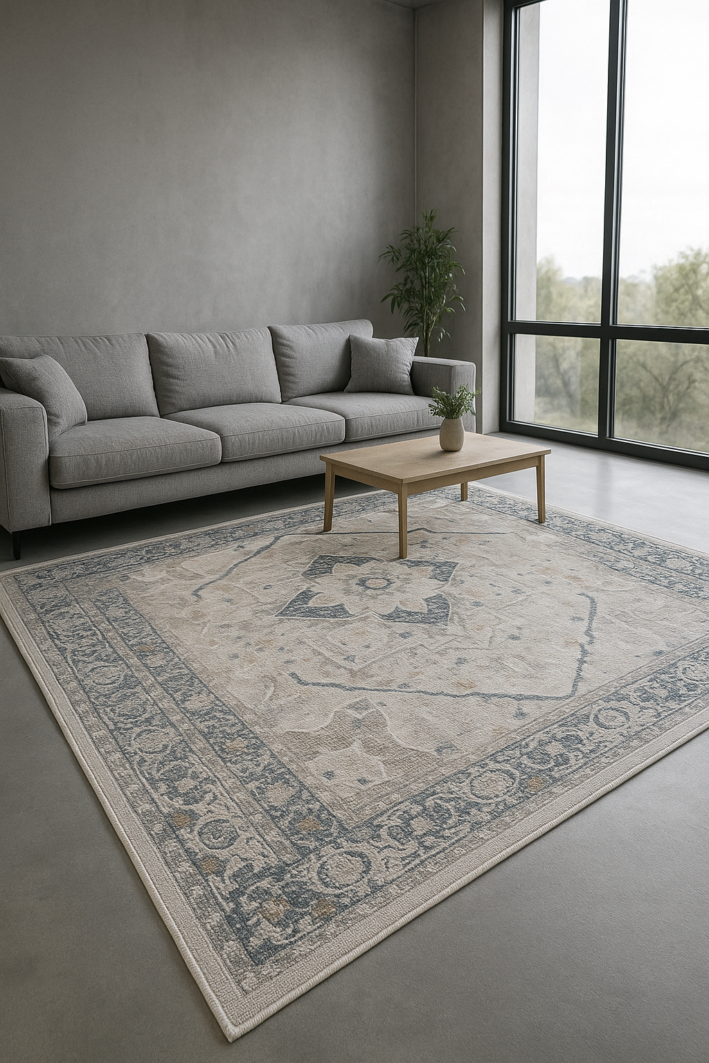 Alfombra Clásica Gris/Azul con Medallón – Tapis Classique Gris/Bleu à Médaillon