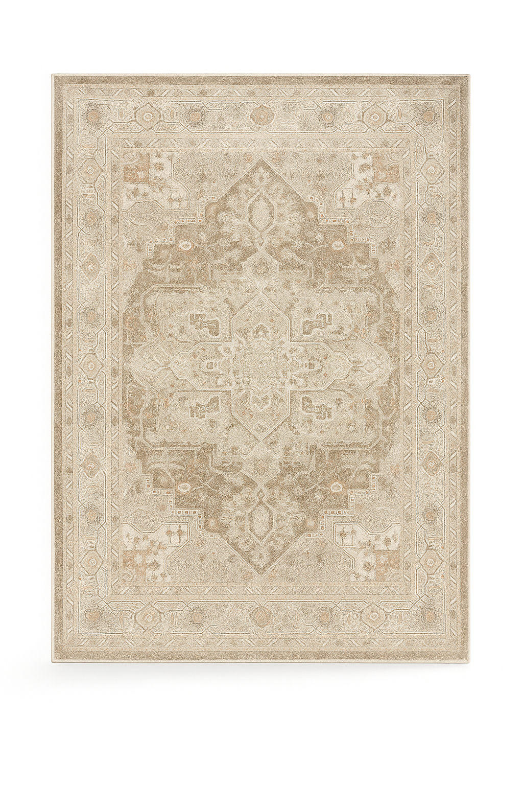 Alfombra Clásica Beige/Gris con Medallón – Estilo Vintage/Desgastado | Tapis Oriental Beige/Gris à Médaillon – Effet Vieilli | Vintage Medallion Rug Beige/Grey – Distressed Look