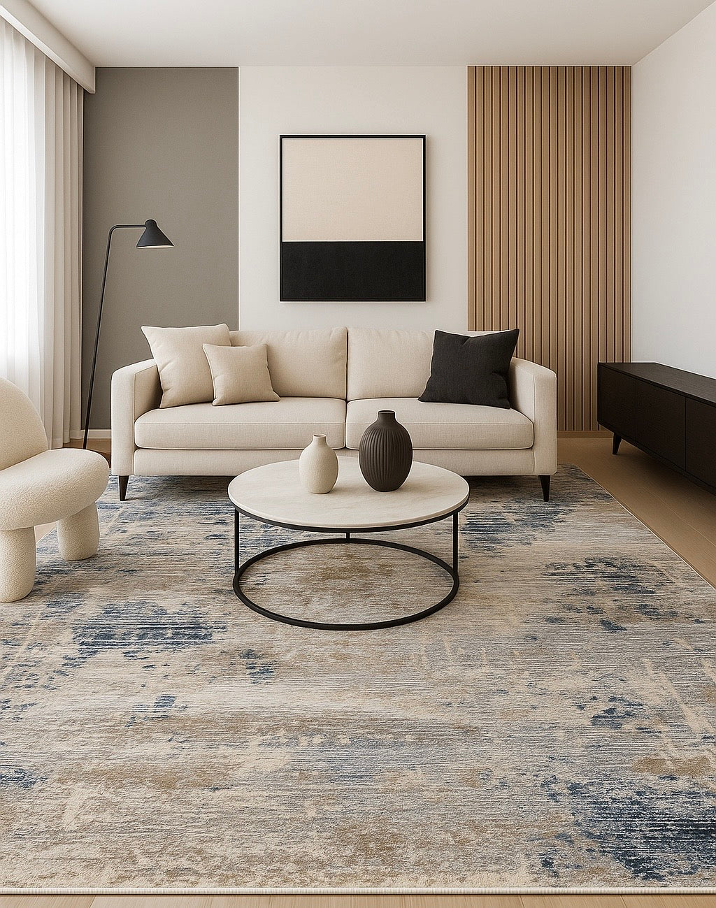 Alfombra lavable 230x160 salón nórdico moderna beige y azul marino | NIDO SH