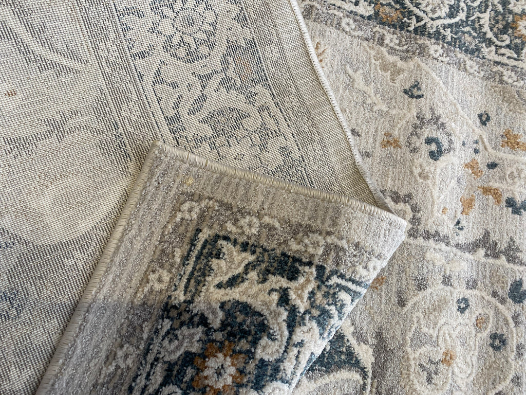 Alfombra Clásica Gris/Azul con Medallón – Tapis Classique Gris/Bleu à Médaillon